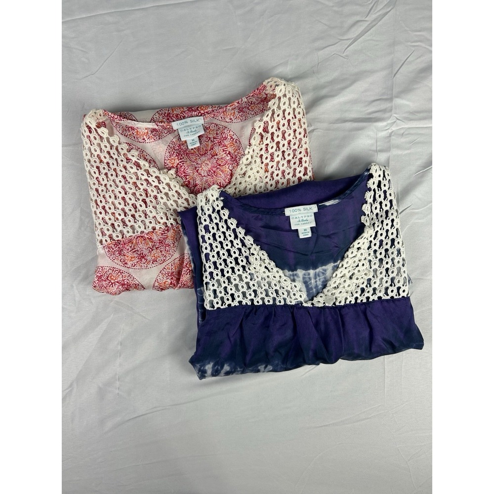 2 -Calypso‎ St. Barth  100% Silk Floral Crochet V-Neck 3/4 Sleeve Blouse M